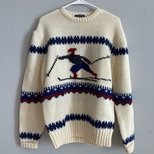 Vintage 80s Cream, Red, and Blue Ski Sweater 100% Wool